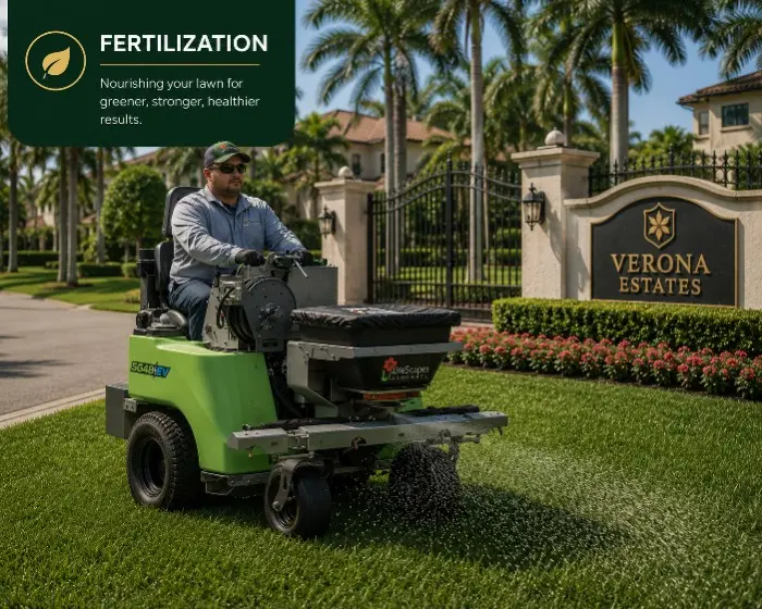 Professional fertilization and mowing service on a manicured lawn